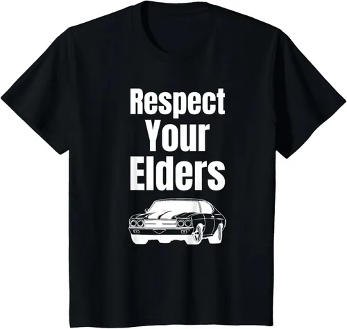 Vista 68 de Divertido regalo de auto para chicos – Respect Your Elders Classic Muscle Car Camiseta, Negro, S