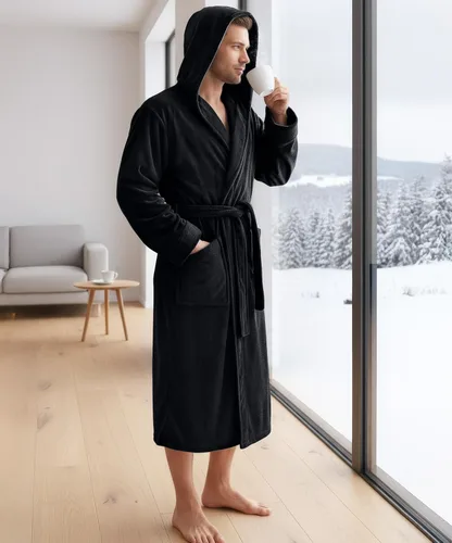 Vista 4 de NY Threads - Bata de baño con capucha para hombre de lujo, bata de baño de felpa de lujo con capucha, bata de spa para hombre Negro