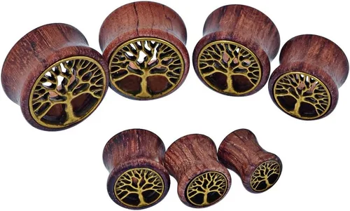 Vista 4 de JOYTOYOU 3 pares de tapones de madera natural para túneles de oído huecos, doble acampanado, dilatadores de oído, para mujeres y hombres, calibre