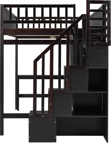 Vista 9 de Harper & Bright Designs Cama tipo loft de tamaño matrimonial con escritorio, marco de cama tipo loft de madera con armario, estantería y cajones