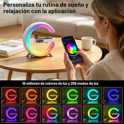 Vista 3 de 4 In 1 Smart LED Table Lamp, Alarm Clock, Bluetooth Speaker, Wireless Charger, App Control Night Light Bedside Lamp with Fast Charging Station for