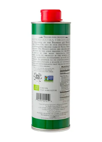 Vista 3 de Frankies Aceite de oliva orgánico extra virgen Lata de 16.9 onzas líquidas Aceite de oliva virgen extra siciliano real (EVOO) Aceitunas