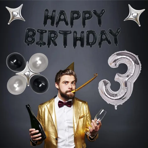 Vista 2 de Decoraciones de fiesta de cumpleaños color negro y plateado para niños y niñas, suministros de fiesta de cumpleaños número 14 con pancarta negra