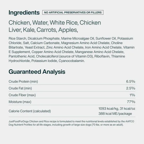 Vista 10 de JustFoodForDogs Pantry Fresh Alimento Húmedo para Perros, Comida Completa o Complemento, Receta de Pollo y Arroz Blanco de Grado Humano - 12.5 oz