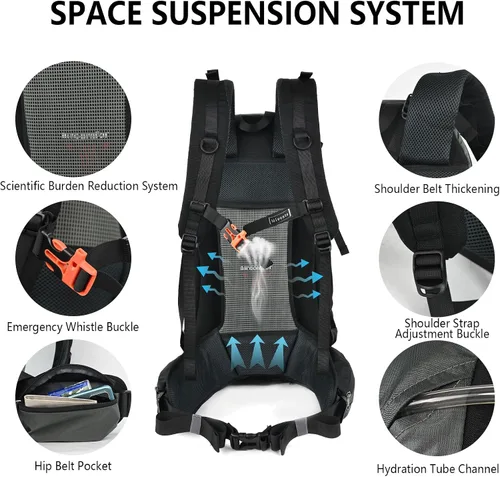 Vista 5 de Mochila de senderismo con marco interno de 55L para mujeres y hombres Negro