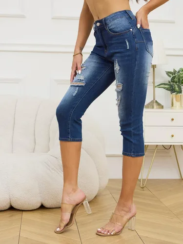 Vista 2 de BWQ Jeans capri rasgados para mujer, pantalones capri ajustados y elásticos