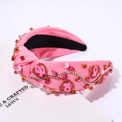 Vista 5 de boderier Diademas de concientización sobre el cáncer de mama para mujer, diadema anudada de cristal, diadema de corazón rosa con cinta de amor