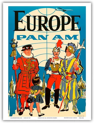 Vista 9 de Europa – Pan American World Airways – Guardia suiza pontificia británica Yeomen of the Guard – Póster vintage de viaje de aerolínea c.1950s