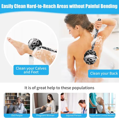 Vista 3 de VANZAVANZU Juego de esponjas de lufa exfoliantes para el cuerpo, esponja de plástico antideslizante de 17 pulgadas con mango de esponja de ducha