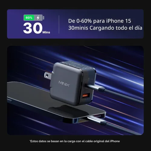 Vista 4 de MINIX P1 Mini Cargador USB C de 30 W, Cargador GaN de 33 W PPS de 2 Puertos con 1 Puerto USB-C, 1 Puerto USB-A con Enchufe Plegable, Compatible