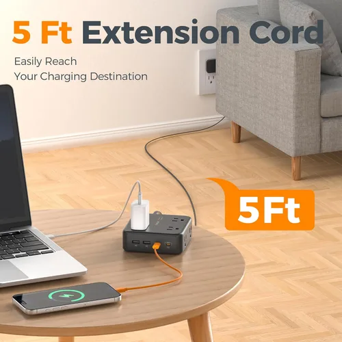 Vista 6 de TESSAN Regleta de alimentación con doble protector de sobretensiones, cable de extensión de 5 pies, enchufe de pared plana con 4 USB (2 USB C) 8