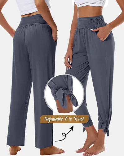Vista 3 de 3 piezas de pantalones de yoga de pierna ancha para mujer, pantalones de descanso de cintura alta con bolsillos, pantalones deportivos de yoga