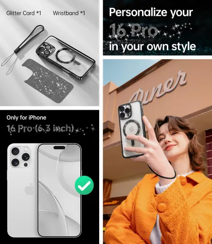 Vista 2 de Meifigno Funda diseñada para iPhone 16 Pro de 6.3 pulgadas, [Tarjeta con Purpurina y Correa para la Muñeca] [Compatible con MagSafe] Protección