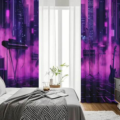 Vista 3 de Neon Synthwave Kitchen Curtains 2 Panels, Neon Cyberpunk Blackout Curtains Thermal Insulated Small Window Curtains, Colorful Futuristic Drapes