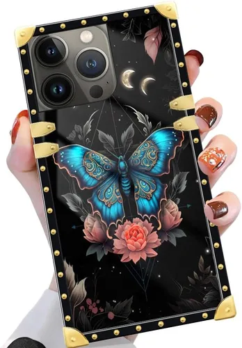 Vista 16 de Funda compatible con iPhone 14 Pro Max (6.7 pulgadas), hermosa mariposa Flosers dorada, de lujo, suave TPU duro, parte trasera de policarbonato