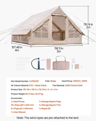 Vista 8 de Tiendas inflables para 5-8 personas de 129 pies cuadrados, tienda de campaña de inflado rápido, tienda de campaña Oxford Glamping 300D con gato