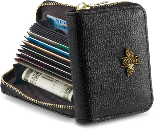 Vista 6 de WOZEAH Billetera pequeña para mujeres con bloqueo RFID, cartera para tarjetas de crédito, cartera de acordeón de cuero con cremallera, Negro