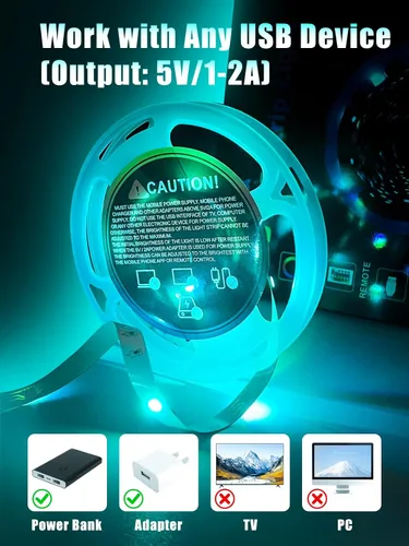 Vista 6 de Tira de luces LED, tiras de luz RGB de 5 V que cambian de color con control remoto, luces LED flexibles alimentadas por USB para dormitorio, TV