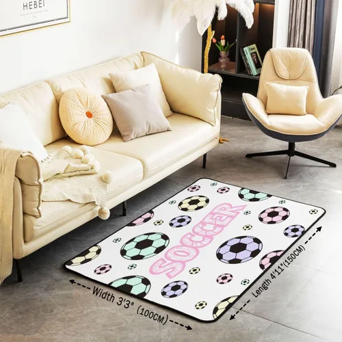 Vista 3 de Alfombra de fútbol para niños, 3 x 5, patrón musical, alfombra para sala de estar, decoración de habitación de niños y niñas, temática deportiva