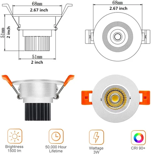 Vista 2 de LightingWill Downlight LED regulable de 2 pulgadas, luz de techo empotrable COB de 3 W, blanco ultra cálido 2700 K, CRI80, equivalente a bombillas