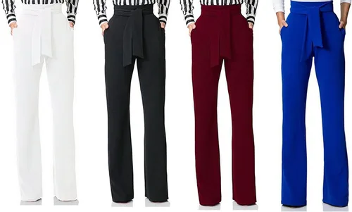 Vista 3 de LKOUS Pantalones de vestir elásticos de cintura alta para mujer, pantalones de pierna ancha, pantalones de trabajo para oficina