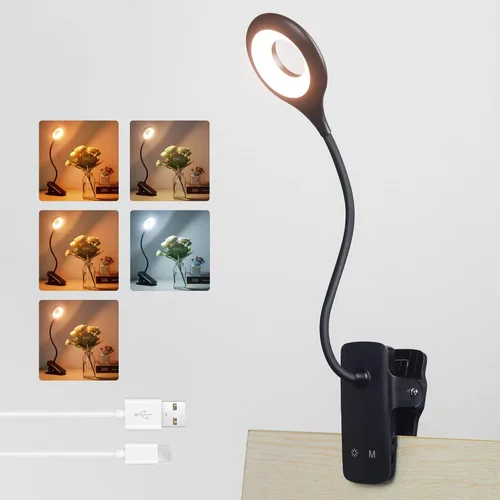 Vista 10 de Akynite Lámpara de escritorio LED con clip, 5 modos, 5 brillos regulables, luz de abrazadera regulable, batería recargable, lámpara de lectura