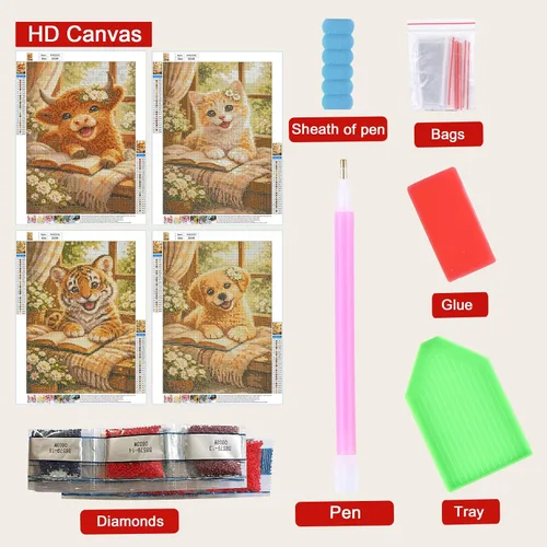 Vista 5 de Kits de pintura de diamantes de animales para adultos, paquete de 4 unidades, lindo tigre, vaca, gato, perro, kit de arte de diamantes, pintura