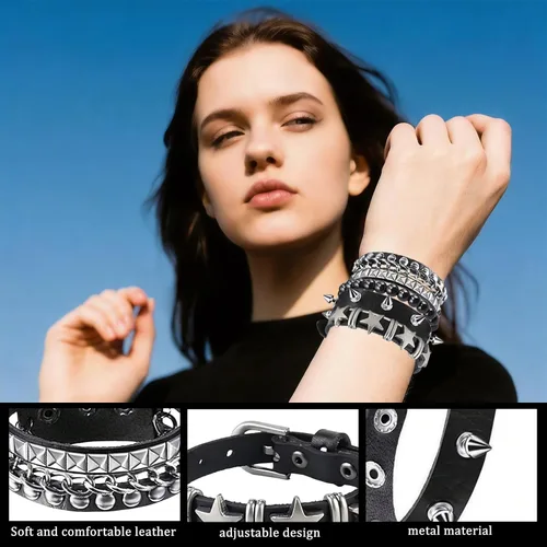 Vista 7 de Juego de 4 pulseras punk rock con tachuelas, pulseras de cuero para hombres y mujeres, pulseras con pinchos y accesorios emogóticos para fiestas