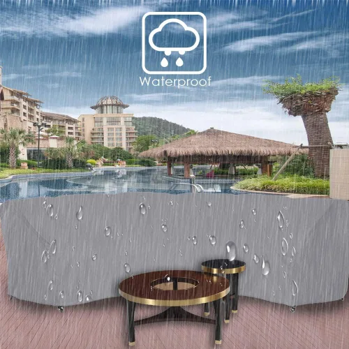 Vista 5 de Funda de sofá curvada impermeable para muebles de exterior, sofá de media luna, protector con cordón elástico resistente al viento para patio