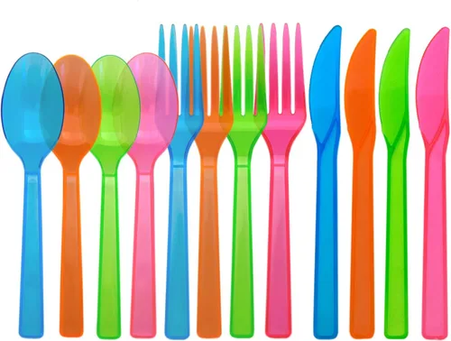Vista 6 de Party Essentials Paquete combinado de cubiertos de plástico duro, 48 piezas/16 lugares, varios brillos de neón