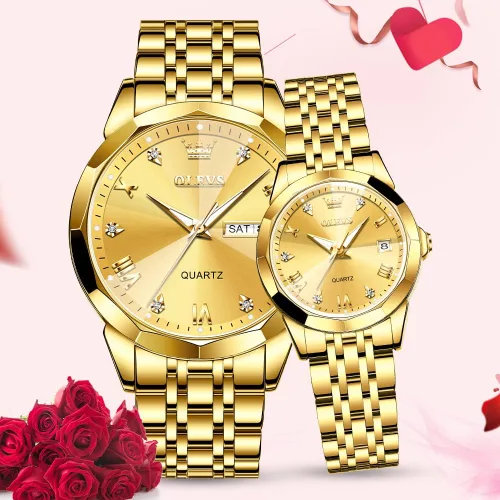 Vista 20 de OLEVS Juego de 2 relojes de cuarzo para parejas de San Valentín, calendario luminoso, ventana de fecha, 3 ATM, impermeable, casual, acero