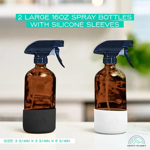 Vista 2 de SAVVY PLANET Botellas vacías de vidrio ámbar con protección de funda de silicona, recipientes recargables de 16 onzas para productos de limpieza