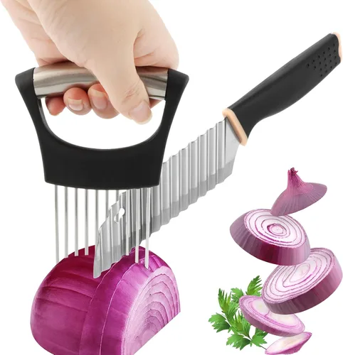 Vista 4 de Cuchillo de corte arrugado, mango de goma, cortador de papas fritas de acero inoxidable con soporte para cebolla, cuchillo para cortar ensalada