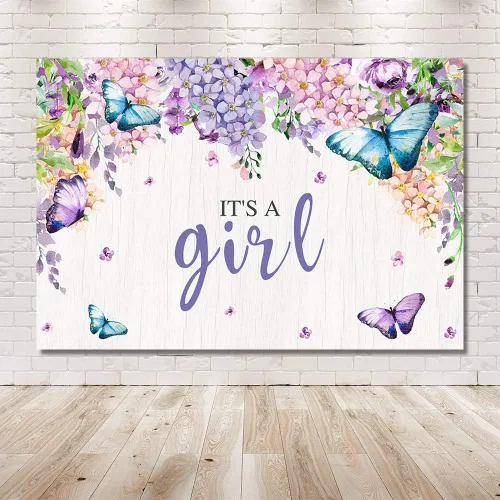 Vista 6 de MEHOFOTO - Cartel de fondo de cabina de estudio fotográfico con texto en inglés "It's A Girl" con diseño de mariposa para baby shower, baby shower