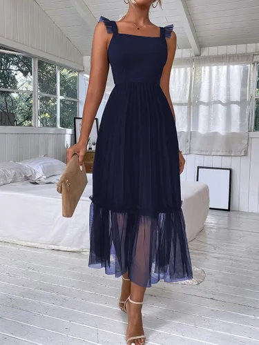 Vista 6 de Floerns Vestido largo de malla sin mangas con dobladillo plisado y volantes para mujer