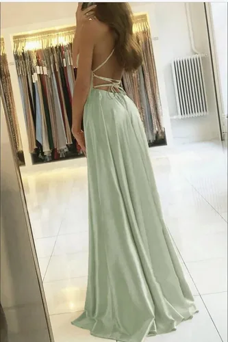 Vista 6 de GODCUN Vestidos largos de dama de honor para mujer, vestido de baile de satén con abertura alta, tirantes delgados, vestido formal con bolsillos