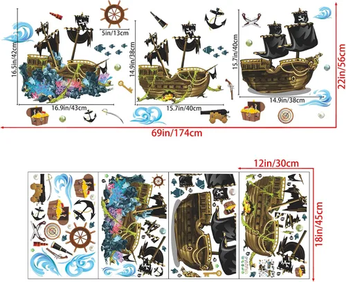Vista 2 de Calcomanías de pared de barco pirata 3D, calcomanías de pared de naufragio, tema submarino, bricolaje, naufragio, pez, joyería, algas marinas