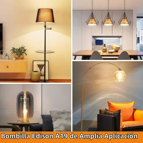 Vista 9 de Vinaco Bombilla LED A19 regulable de 2700 K, blanco cálido, 4 bombillas Edison A19, 8 W igual a 60 W, bombillas Edison de larga duración 806LM E26