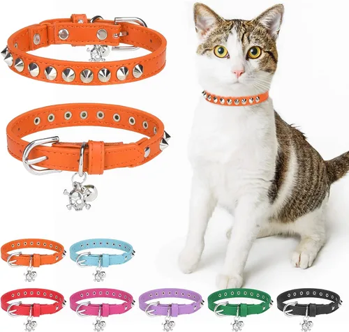 Vista 11 de Collares de cuero DILLYBUD para gatos macho y hembra con campana y cinturón elástico de seguridad, collar ajustable con hebilla de seguridad
