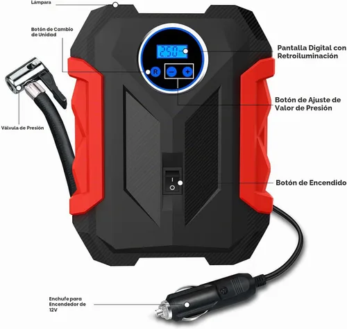 Vista 9 de Compresor de aire digital para bomba automática de coche, inflador de neumáticos portátil con luz LED DC 12V, rojo