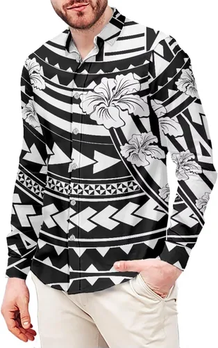Vista 13 de Camisetas polinesias de manga larga para hombre para hombre, diseño floral de plantas tropicales, camisa con botones en la parte superior