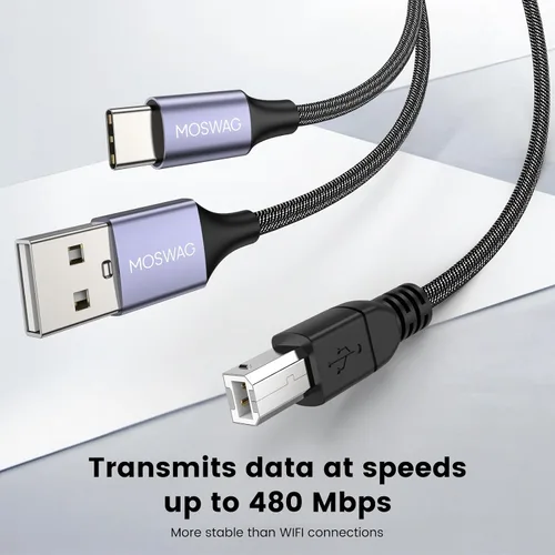 Vista 5 de MOSWAG Cable de impresora USB 2en1 de 3.28 pies/1M con cable USB C a MIDI, cable de impresora, cable USB MIDI USB C a USB B MIDI, cable, compatible