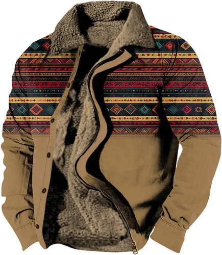 Vista 20 de LOAIHA Chaqueta de invierno para hombre, chaqueta azteca occidental para hombre, con cremallera, forro polar cálido, chaqueta vaquera, étnica vintage
