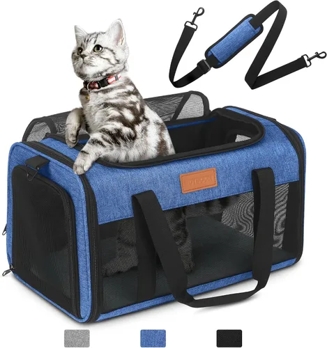 Vista 10 de PETUX - Transportador de mascotas aprobado por aerolíneas para gatos pequeños de hasta 12 libras, color negro 17x11x9.5 in, Underseat, Top & Side