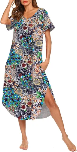 Vista 2 de AVIIER - Camisones de algodón para mujer, ropa de dormir suave con bolsillos, tallas S a XXL Negro Floewer 4