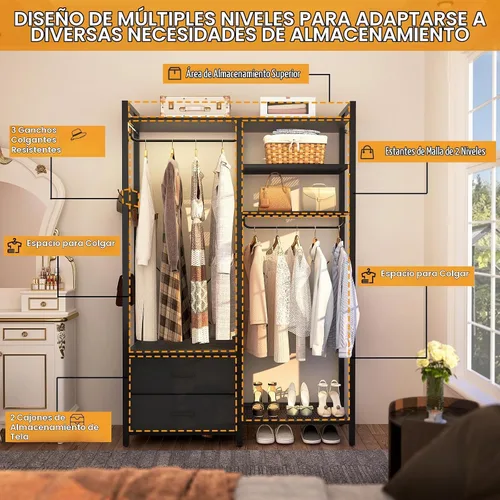 Vista 4 de Perchero de 78.7 pulgadas para colgar ropa, perchero reversible con 2 cajones, percheros resistentes con estantes, sistema de armario portátil Negro