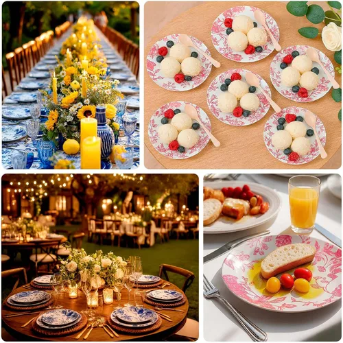 Vista 4 de Efavormart - Paquete de 10 platos de postre de plástico francés – Azul y Blanco Floral, platos de ensalada desechables redondos de 7 pulgadas