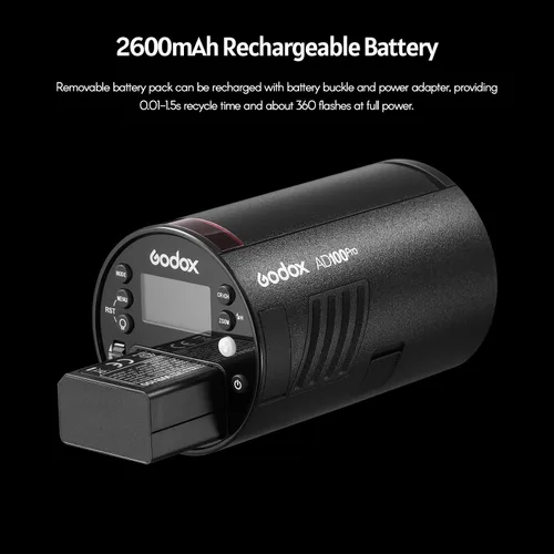 Vista 7 de GODOX AD100Pro Luz de Flash de Estudio en Bolsillo para Fotografía con Pantalla OLED 5800K 1/8000s Sync TTL/Multi/M Flash Integrado 2.4G Wireless X