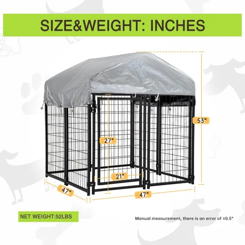 Vista 7 de Perrera para perros grandes, resistente a los rayos UV, resistente a los rayos UV, 4 x 4 x 4.3 pies, alambre soldado de metal con techo impermeable
