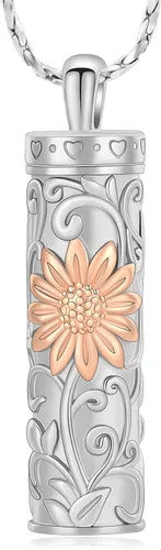 Vista 8 de Imrsanl Collar de urna de cremación cilíndrica para cenizas, urna de girasol, collar con colgante para hombres y mujeres, joyería conmemorativa